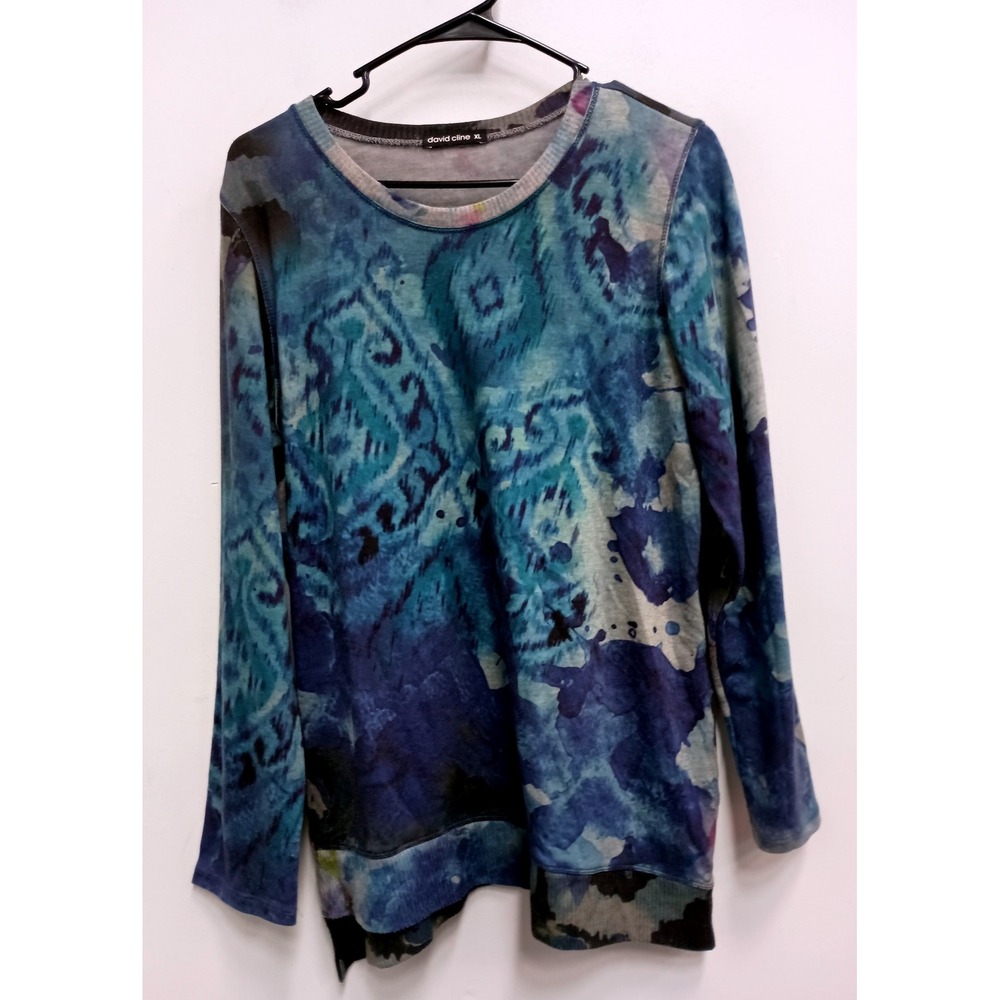 David Cline Wearable Art Tunic Top Womens XL Blue Abstract Long Sleeve